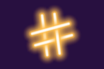 Glowing neon hashtag icon on dark purple background in trendy bright shades. Search design concept