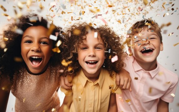 Naklejki Group of smiling kids under falling confetti at birthday party