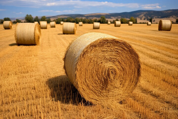 Straw rolls on field, Generative AI