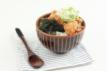Chicken Karaage Rice Bowl with Flakes Nori and Roasted Sesame Seed