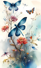 watercolor llustration of a landscape of blossoms, flower, branches, dragonflies and butterflies with a sky background