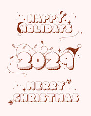Groovy two-tone Christmas set. Dark red halftone letters. Happy holidays 2024.
