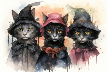 Scheming witches' familiars, such as cunning black cats - Generative AI - obrazy, fototapety, plakaty