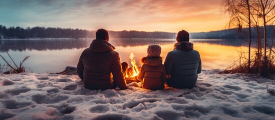 Winter family outing bonfire by frozen lake forest walk snowy weekend trip