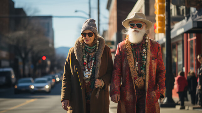 Couple dressed in festive clothing - mountain town - holiday - vacation - getaway