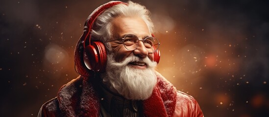 Santa Claus enjoys listening to music with headphones during Christmas time