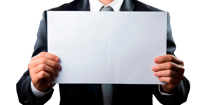 Torso of businessman holding blank sign with transparencies, PNG format	