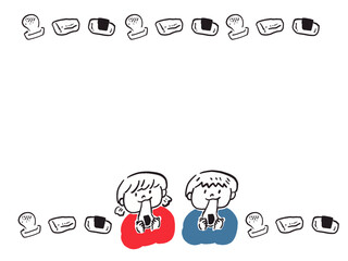 餅と餅を食べる男の子と女の子のラインフレームイラスト