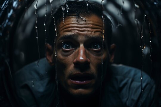 The man shows the emotion of fear. Fear in a person's eyes.