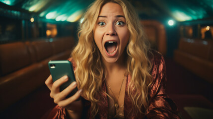 Teenage girl with extreme surprise face holding his cell phone in his hands. Fun and exaggerated scene. Visual hyperbole. Advertising image.