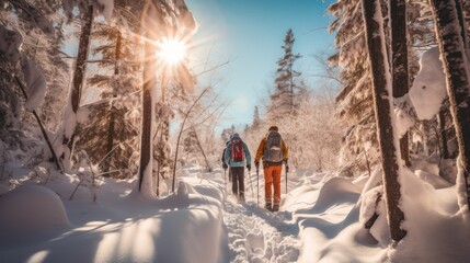 Adventurous souls snowshoeing through enchanted forest trails