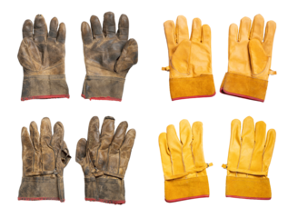 concept of comparison old vs new leather gloves; dirty shabby used versus unworn mitts, png isolated on a transparent or white background
