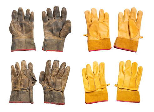 concept of comparison old vs new leather gloves; dirty shabby used versus unworn mitts, png isolated on a transparent or white background