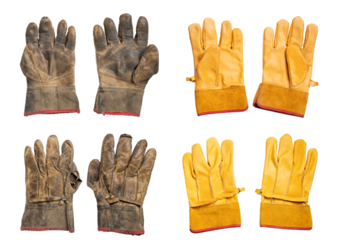 concept of comparison old vs new leather gloves; dirty shabby used versus unworn mitts, png isolated on a transparent or white background
