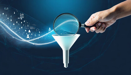 Abstract funnel with data stream and hand with magnifying on dark blue background. Data analysis concept. Digital internet wave or flow