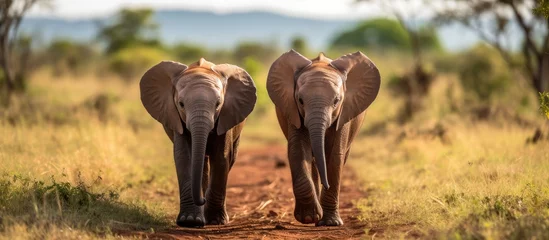 Türaufkleber Two elephant calves walking together in Tarangire National Park Arusha Tanzania © 2rogan