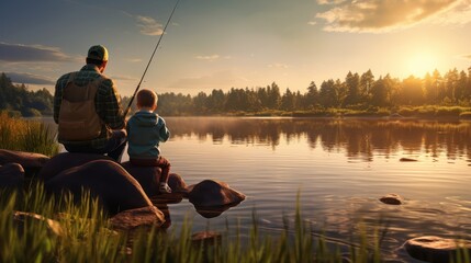 A tranquil fishing journey between father and child - obrazy, fototapety, plakaty