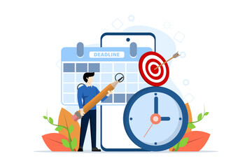 Time management concept of schedule, deadline, planner, planning and organization, man organizes workflow and makes daily to-do list, marking dates or tasks on calendar, time management scene.