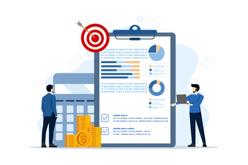 Concept of budget business strategy, finance and accounting, budget calculations, economics and investment, business analysis. Growth strategy or financial goals. flat design vector illustration.