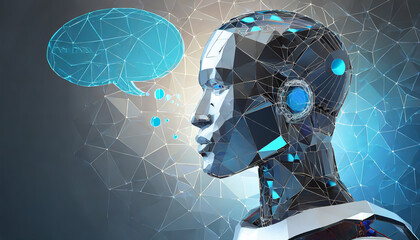 Abstract head of the humanoid robot android with talk bubble speech in futuristic low poly wireframe style. Close-up side view of asexual bot or cyborg. Chatbot and Artificial intelligence