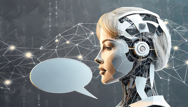 Abstract head of the humanoid robot android with talk bubble speech in futuristic low poly wireframe style. Close-up side view of asexual bot or cyborg. Chatbot and Artificial intelligence - Powered by Adobe