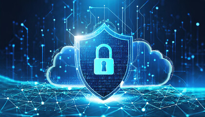 Abstract security shield and glowing blue cloud with binary code in low poly wireframe style. Database security concept on technology background. Futuristic polygonal hologram