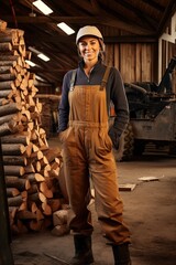 A woman standing in front of a pile of logs Farm worker image