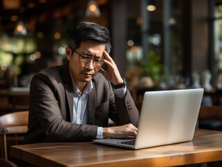 An Asian man in glasses, sitting in a well-lit cafe, looks contemplative as he types on his laptop, concerns, issues, problems,