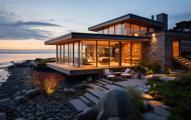 Obraz premium Scandinavian style modern house on the ocean beach
