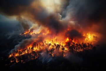 Wildfire burning forest from above. Aerial view