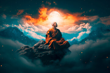Buddhist monk meditating on top of mountain with moon and clouds in the background - obrazy, fototapety, plakaty