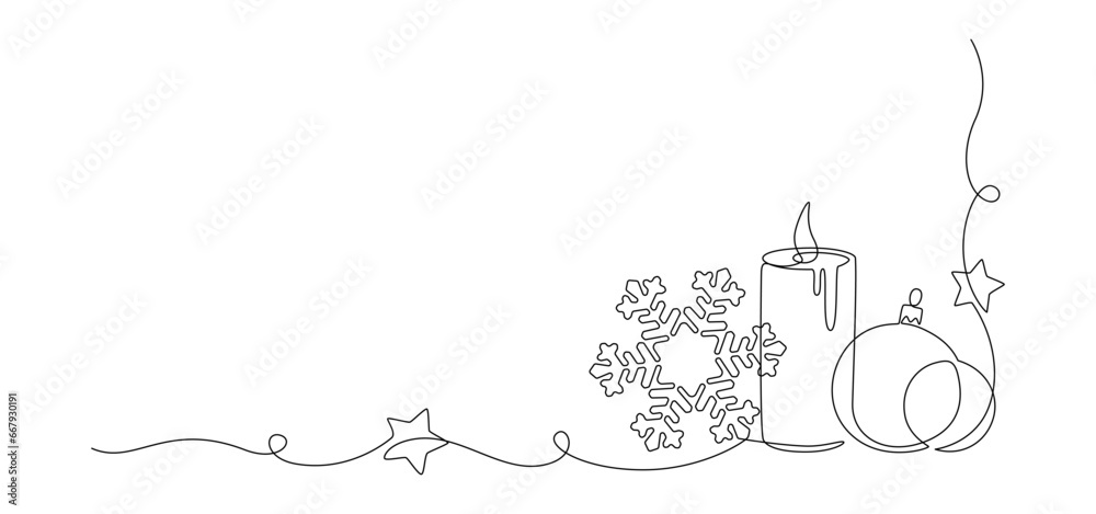 Aufkleber One continuous line drawing of Christmas greeting card. Festive candle with snowflake and christmas tree toy for winter xmas holiday concept in simple linear style. Doodle vector illustration