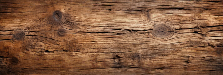 Naklejka premium Old wooden board texture background, vintage cracked and knotted brown wood. Abstract rough ash or oak tree panel with natural pattern and color. Theme of nature, timber