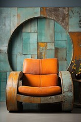 An orange leather chair sitting in front of a wall, mango chair.