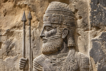 Sumerian wall art, face of king carved in old stone in Mesopotamia, Babylon culture. Artifact of Ancient Babylonian and Assyrian civilization in Middle East, history of Iraq and Iran