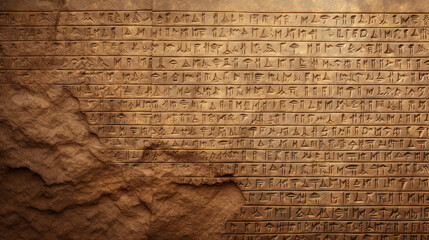 Cuneiform or hieroglyphs of Ancient civilization carved on old stone wall. Undeciphered signs like Sumerian, Babylonian and Egyptian writing. Concept of mystery, script, puzzle, secret - obrazy, fototapety, plakaty