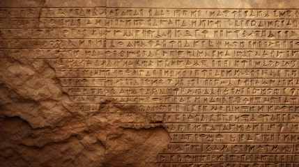 Foto op Canvas Cuneiform or hieroglyphs of Ancient civilization carved on old stone wall. Undeciphered signs like Sumerian, Babylonian and Egyptian writing. Concept of mystery, script, puzzle, secret © scaliger