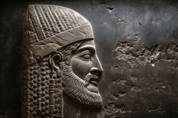 Babylonian wall art, face of king carved in old stone in Middle East, Sumer culture. Artifact of Ancient Sumerian and Assyrian civilization in Mesopotamia. History of Iraq and Iran