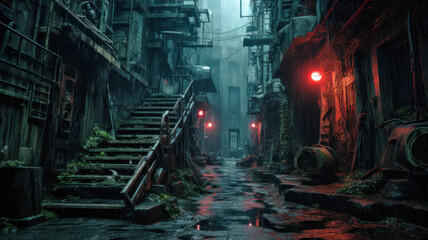Dark alley overgrown with grass in cyberpunk city in rain, gloomy dirty wet street. Moody view of old spooky vintage buildings. Concept of dystopia, future, grunge, industry © scaliger