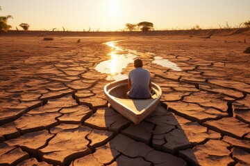Young man on a boat in a dry place. Drought concept