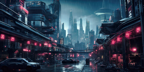 Dark neon street in cyberpunk city at night, gloomy wet road with modern tall buildings and cars in rain. Futuristic skyscrapers view. Concept of dystopia, future, industry