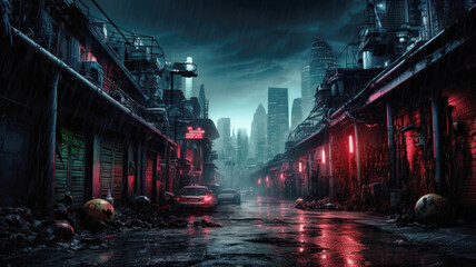Dark street in cyberpunk city at night, old gloomy industrial dirty wet alley. Industrial vintage buildings with neon light in rain. Concept of dystopia, future, grunge, industry