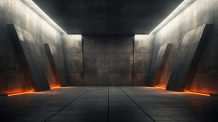 Empty dark hall background, futuristic interior of concrete room with orange light. Modern minimalist hallway with gray walls. Concept of studio, stage, future, industry - obrazy, fototapety, plakaty