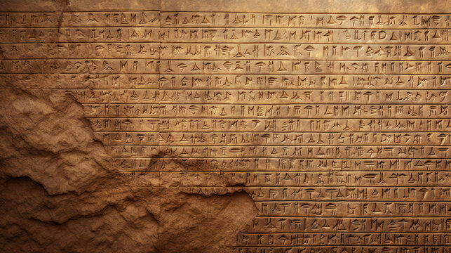 Cuneiform or hieroglyphs of Ancient civilization carved on old stone wall. Undeciphered signs like Sumerian, Babylonian and Egyptian writing. Concept of mystery, script, puzzle, secret