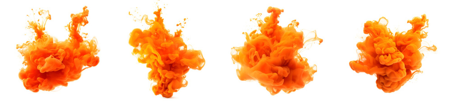 Set of orange acrylic ink colored smoke watercolor splashes in water, Abstract background. Color explosion elements for design, isolated on white and transparent background