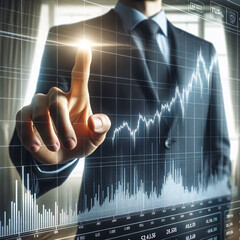 Photo of a well-dressed businessman's hand pointing to a rising stock market graph displayed on a digital screen. The screen is clear and illuminated
