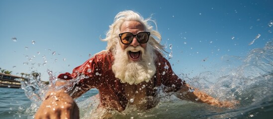 Santa Claus enjoying a beach vacation wearing sunglasses and flippers in a high quality photo - obrazy, fototapety, plakaty