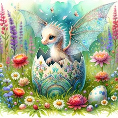 Watercolor painting of a whimsical baby dragon with delicate transparent wings, emerging from a beautifully patterned egg, amidst a meadow filled with colorful flowers, generative AI