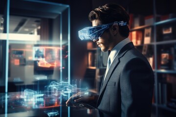 Business person using augmented reality glasses for data analysis.