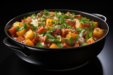 A pan filled with a mixture of vegetables, potato and vegetable curry.